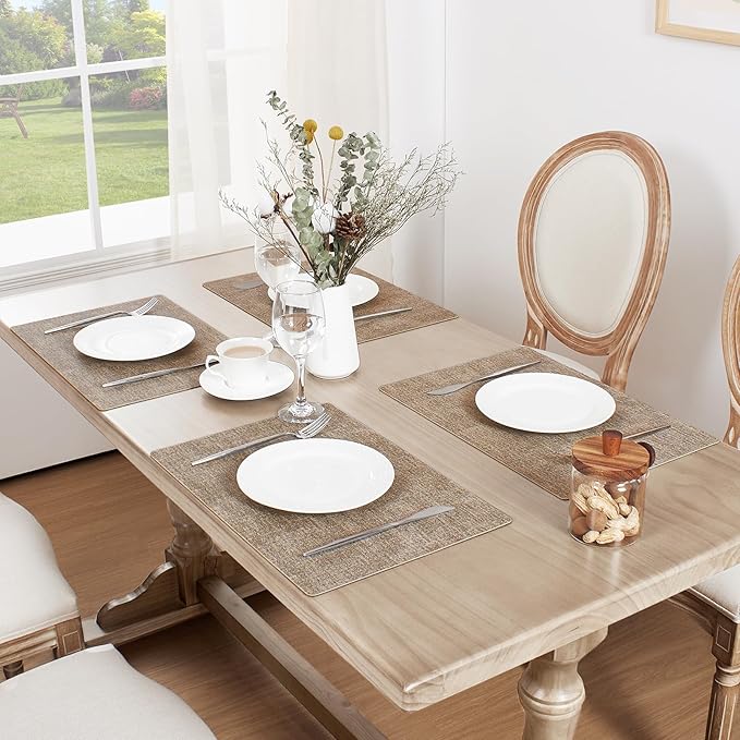 Softalker Faux Leather Placemats Set of 8-Vinyl Heat Resistant Place Mats, 100% Waterproof Oilproof Wipe Clean Table Mats for Indoor & Outdoor Use, 17’’×12’’, Khaki