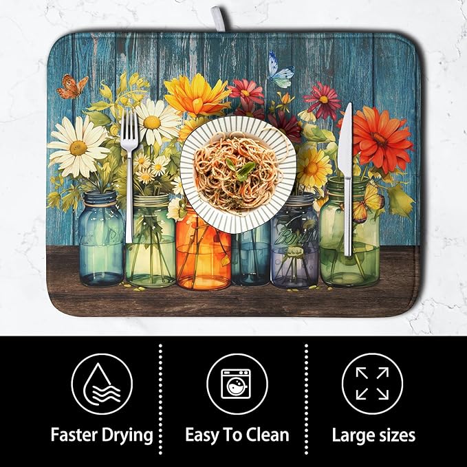 Daisy Dish Drying Mat for Kitchen Counter 18x24 Inch Rustic Vintage Flower Vases Drying Mats Microfiber Absorbent Dishes Drainer Mats Farmhouse Floral Wooden Board Dish Rack Pad