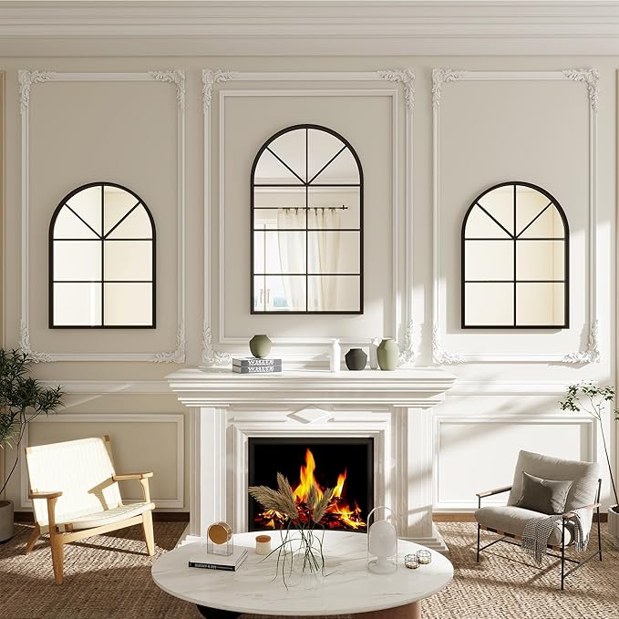 Arched Wall Mirror Wall Decorative, Iron Framed Window Pane Mirrors,38" x 24" Window Mirror, Arched Top Wall Mirror for Entryway Living Room, Bedroom, Fireplace .(Black)