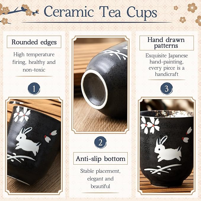 4 Pcs Japanese Tea Cups Handle Less Ceramic Japanese Gifts Chinese Restaurant Teacups Japan Mug Souvenirs for Matcha Bancha Green Tea(6 oz,Puffer Fish)