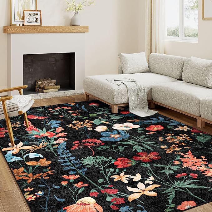 Black Area Rug 8x10 Floral Washable Living Room Kitchen Boho Carpet Non Slip Low Pile Indoor Accent Lightweight Soft Throw Rug for Bedroom Office Dining Room Nursery Farmhouse