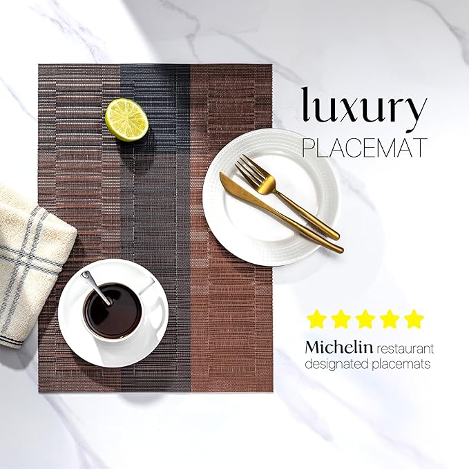 LEXMORE Placemats Set of 6 Vinyl/Plastic Woven Place Mats for Kitchen Table Indoor/Outdoor Washable Placemat Wipeable Dining Table Mats(Ombre Brown Black)