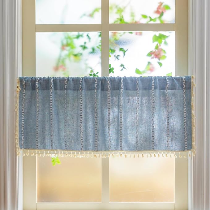 Sutuo Home Boho Farmhouse Curtains Valance 18 Inches Long for Kitchen Windows, Bohemian Short Curtains Light Filtering Vintage Tassels Long Embroidery Stripes, Rod Pocket 1 Panel 52" W x 18" L, Blue