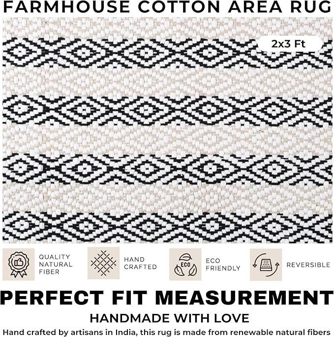 Bedding Craft Diamond Stripe Area Rug for Living Room 24x36 Inch - Beige/White/Black - Machine Washable 2x3 Feet Rugs - 60% Cotton 40% Mixed Fiber, Area Rug for Bedroom, Arearug for Bedroom