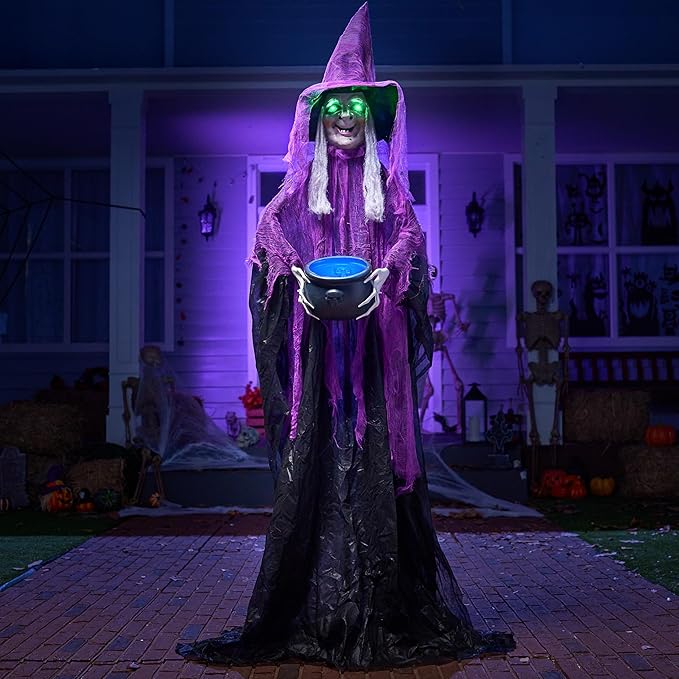 JOYIN 72” Halloween Decorations Standing Witch with Cauldron, Scary Ghost Decor with Sound and Lights, Sound-Activated for Haunted House Yard Lawn Garden