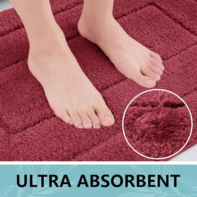 Buganda Bathroom Rugs, 24" x 16", Soft and Absorbent Microfiber Bath Rugs, Non-Slip Shaggy Shower Carpet, Machine Wash Dry Bath Mats for Bathroom Floor, Tub and Shower, Burgundy