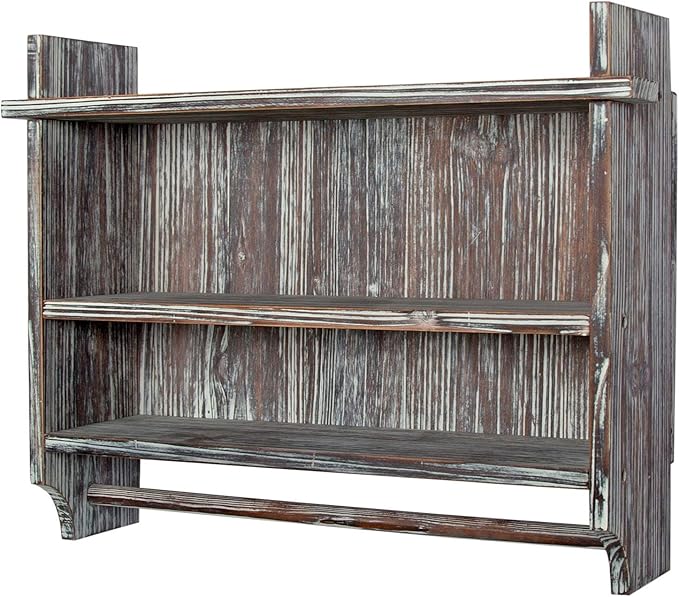 MyGift 3 Tier Wall Mounted Rustic Torched Wood Bathroom Storage Shelves, Wooden Floating Shelf Toilet Paper Holder Rack with 23 Inch Wide Towel Hanging Bar