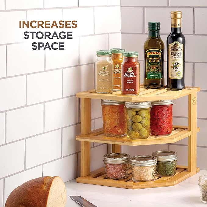 Cabinet Organizer Shelf - Bamboo Corner Rack for Kitchen Counter, Cabinet Space Saver for Plates, Dishes, Bowls, Bread Pantry, Bathroom Storage or Countertop Stand, Stackable Design