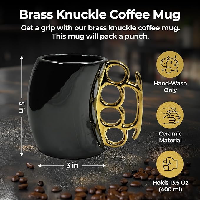 Caliber Gourmet Brass Knuckles Cup - Black and Gold Ceramic Self-Defense Novelty Coffee Mug, Unique Knuckles Mug for Collectors, Perfect Odd Coffee Mug Gift Idea for Christmas, Father's Day & More