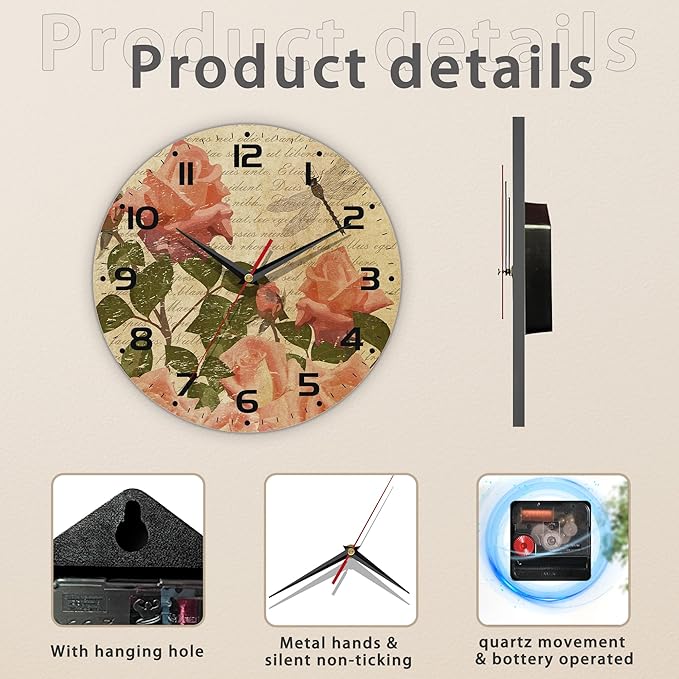 Wall Clock, Vintage Flowers with Roses and Dragonfly Wall Clock Silent Non-Ticking Battery Operated Clock 10 Inch, Home Decor for Living Room, Kitchen, Bedroom and Office