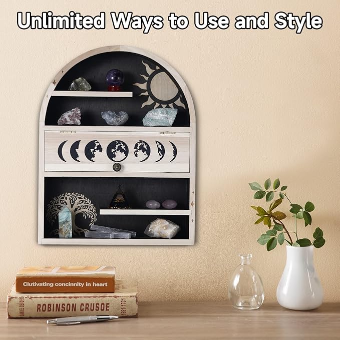 Ella & Emma Tree of Life Sun Crystal Shelf - Wall Hanging Crystal Display Shelf for Stones, Nail Polish, & Essential Oil Storage