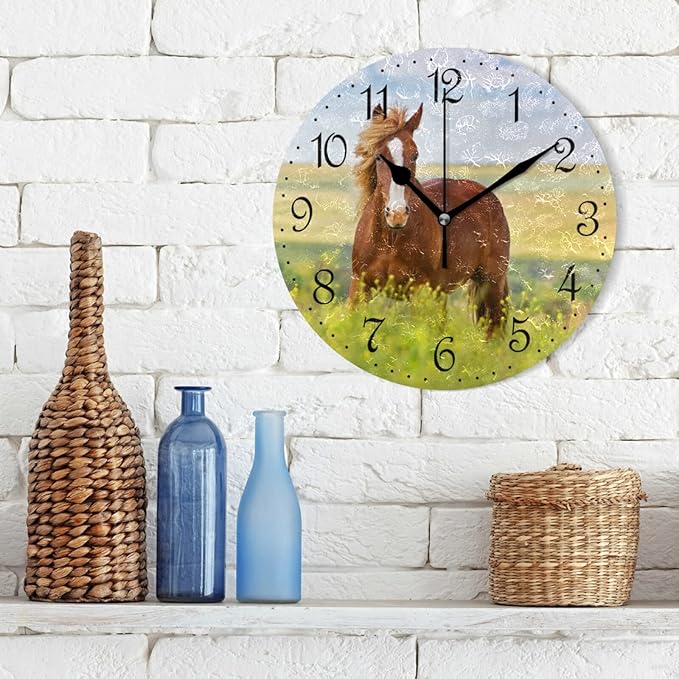 ALAZA Wall Clock Horse and Flower Field Silent Non-Ticking Decorative Wall Clocks Battery Operated 10 Inch for Home Living Room Kitchen Bathroom Bedroom