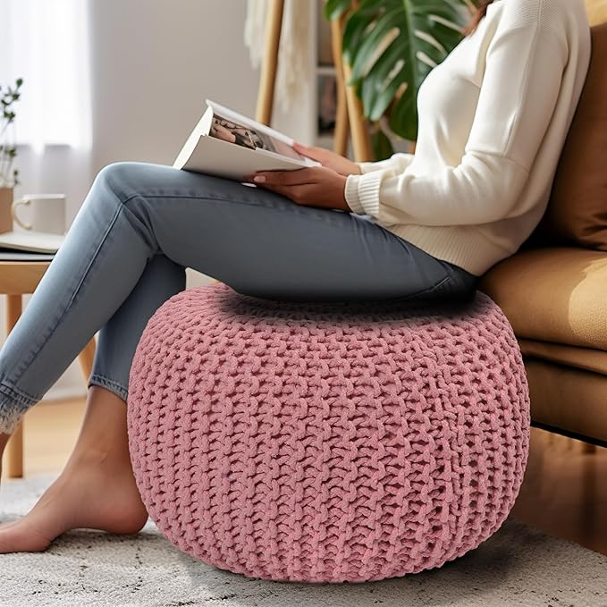 COTTON CRAFT Round Dori Pouf - Cotton Braid Cord Cable Knitted Ottoman - Foot Stool - Footrest - Floor Pouf - Woven Ottoman - Bean Bag - Living Room Dorm - 20 inches Diameter x 14 Height - Blush Pink