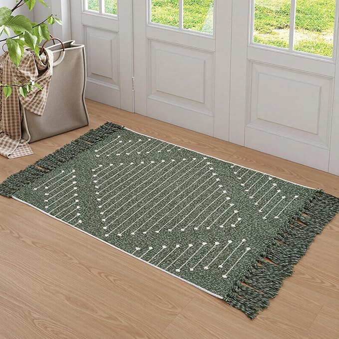 LIVEBOX Boho Green Bathroom Rug 2 x 3, Washable Bath Mat with Tassel Cotton Blend Woven Small Area Rug for for Entryway, Kitchen Sink,Front Door
