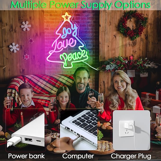 KHK JOY LOVE PEACE Neon Sign CHRISTMAS TREES Led Neon Pink Lights for Bedroom Led Sign USB Powered for Wall Decor Dimmable for Christmas Thanksgiving Birthday Party Girls Gifts