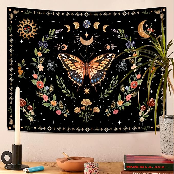 Lunerfex Boho Butterfly Tapestry Flower Moon Wall Tapestry, Moon Phases Tapestries for Bedroom Cute Tapestries Wall Hanging for Bedroom Living Room Wall Decor Butterfly-1 70"x90"
