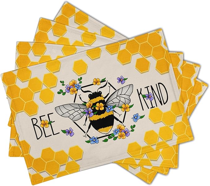 Giwawa Bee Kind Placemats Set of 4-12"x18" Summer Bees Floral Linen Place Mat- Yellow Honeycomb Washable Heat Resistant Table Mats for Kitchen Dining Party Tabletop Picnic Decoration