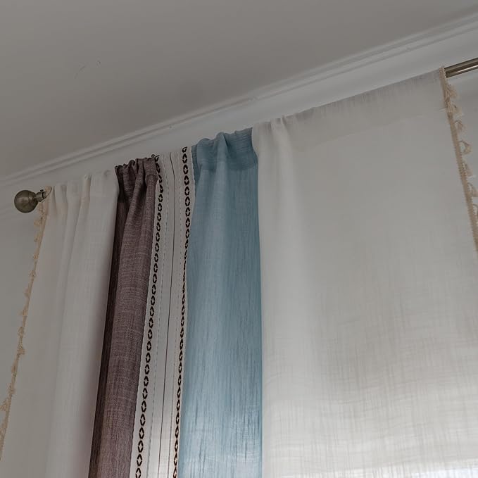 Sutuo Home Boho Curtains 63 inches for Kitchen Bedroom, Semi Blackout Linen Farmhouse Tassels Window Treatment Bohemian Embroidery Drape, Rod Pocket 1 Panel 52" W x 63" L, Brown Blue Striped Linen