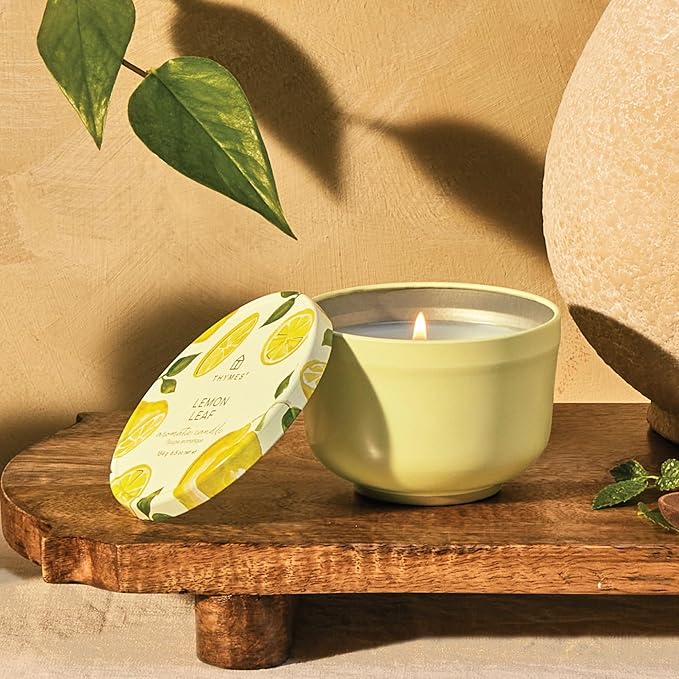 Thymes Scented Candles for Women & Men – Tin with Lid – Luxury Home Decor – Citrus Candles with Notes of Lemon Verbena, White Wood Accord, Lily of The Valley & Bergamot Oil (Lemon Leaf, 6.5 oz)