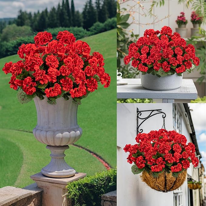Plastic Flowers for Outdoors Home Decor Fake Plants Artificial Flowers Artificial Geraniums Outdoor Fake Flowers Silk Bouquet, Fall Decor for Interior Porch Garden Decor(Red) 8PCS 14.4"