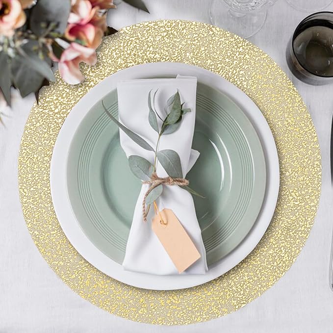 100 Piece Gold Placemats 13 Inch Disposable Gold Foil Place Mats Round Mesh Pressed Paper Placemat Elegant Wedding Table Mats for Birthday Party, Church Banquet, Dinners, Dining Room, Table Decor