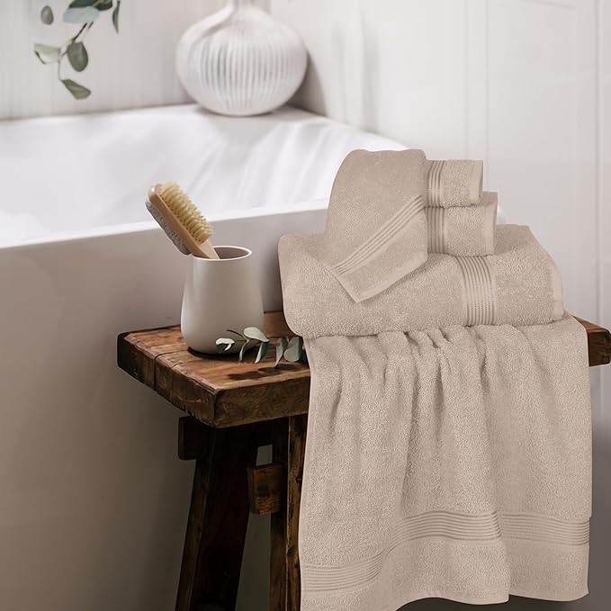 Elvana Home Ultra Soft 6 Pack Cotton Towel Set, Contains 2 Bath Towels 28x55 inch, 2 Hand Towels 16x24 inch & 2 Wash Coths 12x12 inch, Ideal Everyday use, Compact & Lightweight - Tan