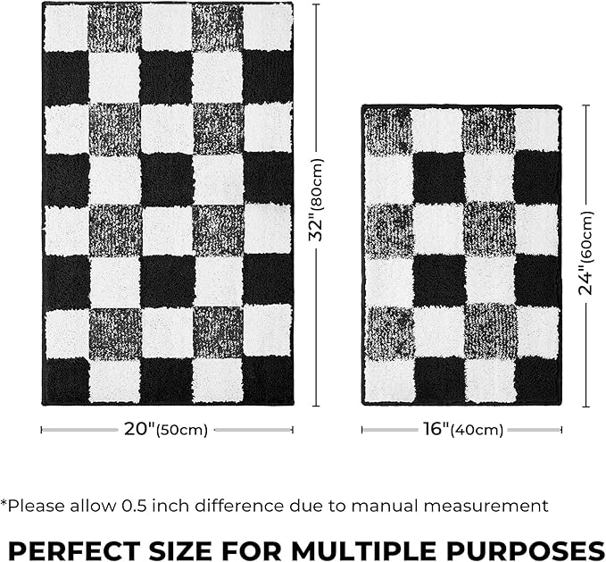 GRANNY SAYS Checkered Black Bathroom Rugs, 24" x 16", Non-Slip Bath Mats for Bathroom, Plush Shag Absorbent Microfiber Ultra Soft Bath Mat, Cute Washable Rug for Tub, Shower, Bedroom