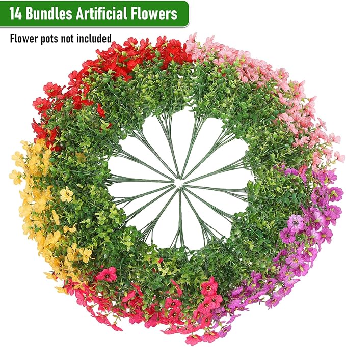 Artificial Flowers Outdoor, Faux Silk Flowers Plastic Plants for Outdoors Indoor Outside Front Porch Hanging Planter Window Box Garden Home Decoration, 14 Bundles (Mix)