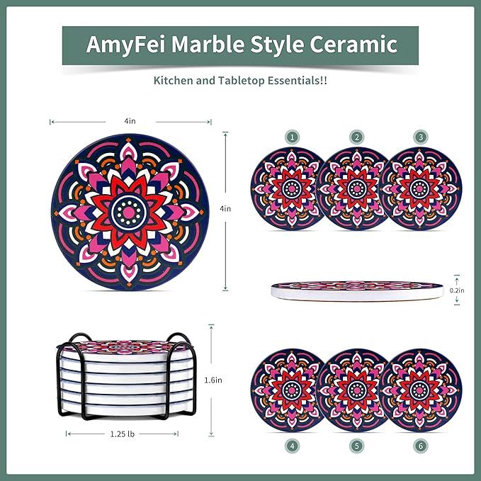 Mandala Drink Coasters, 6 Sets of Ceramic Boho Coaster for Drinks Absorbent with Holder, Reusable Drink Coaster for Colorful Decor(Purple Red), Thanksgiving and Housewarming Gifts(4 Inches)