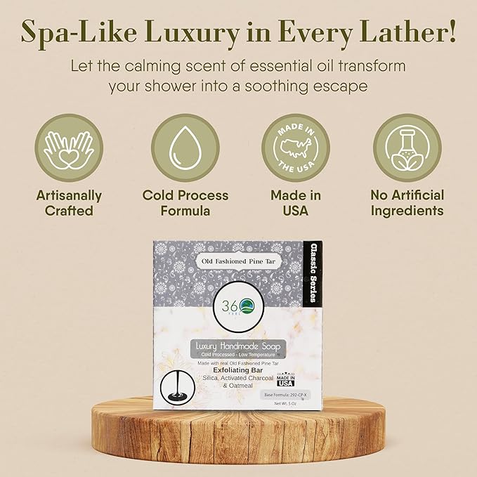 360Feel Pine Tar Soap - Handcrafted Castile Soap Bar with Soothing Scent - Handmade with Essential Oil - Suitable Gift for Anniversaries, Weddings, and Holiday Stockings - Rich Lather