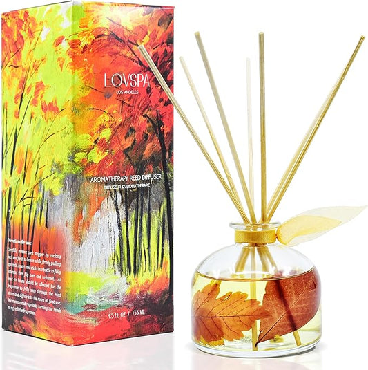 LOVSPA Sugar & Spice Autumn Scented Reed Diffuser Set - Real Cinnamon Sticks & Maple Leaf! Cinnamon, Buttery Vanilla & Sugar Crystals - Fresh Baked Cookies Scent! Fall Decor for Your Home