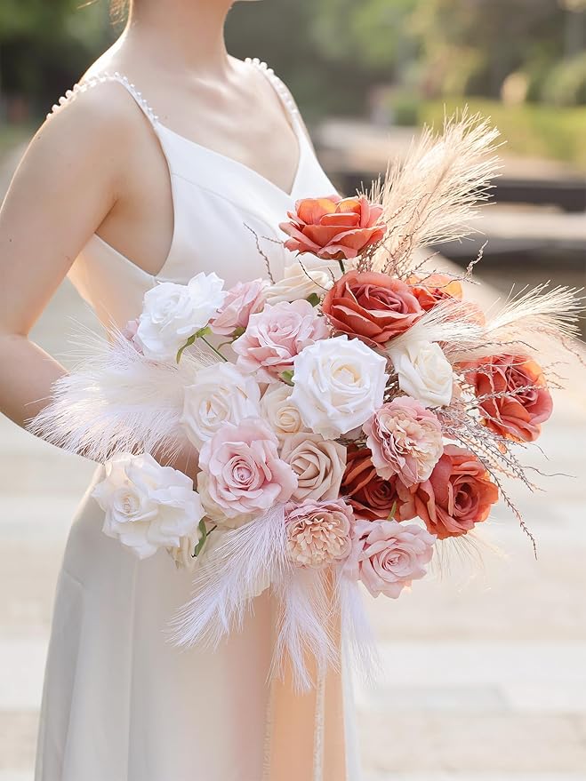 MISSPIN Artificial Flowers DIY Box Set Fake Roses Bouquet Bridal Wedding Flowers Colorful Centerpiece Table Decorations Boho Faux Floral with Stems Arrangements for Cake Home Party Indoor Outdoor