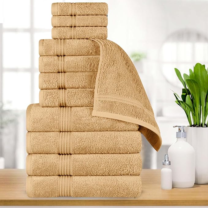 Superior Egyptian Cotton 12-Piece Towel Set, Assorted Towels for Home Bathroom, Guest Bath Decor Essentials, Includes 4 Bath, 4 Hand, 4 Face Towels/Washcloths, Quick Dry, Absorbent - Gold