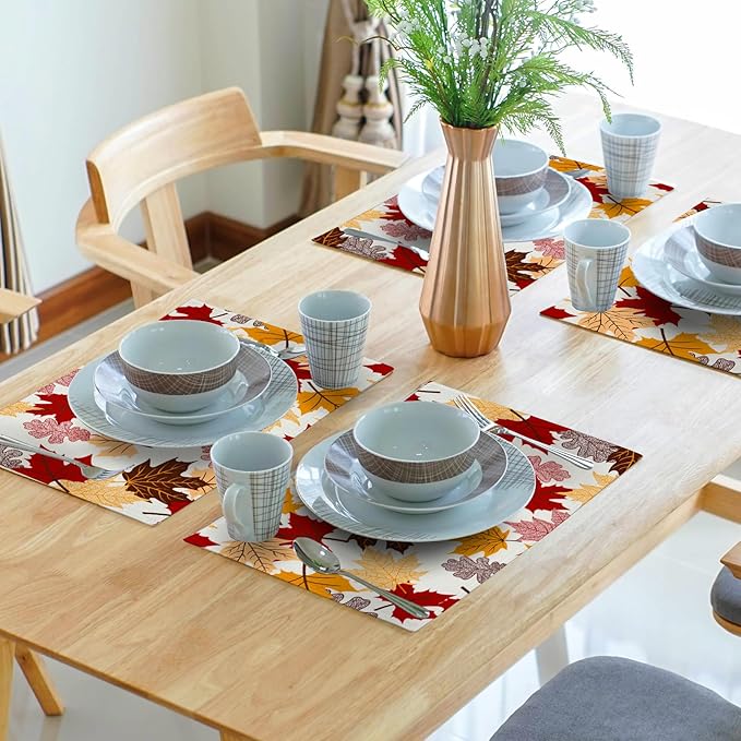 Giwawa Maple Leaf Placemats Set of 4 for Kitchen Dining, Colorful Fall Autumn Thanksgiving Leaves Non-Slip Washable Linen Place Table Mat 12x18 Inches for Tabletop Holiday Party Home Decor