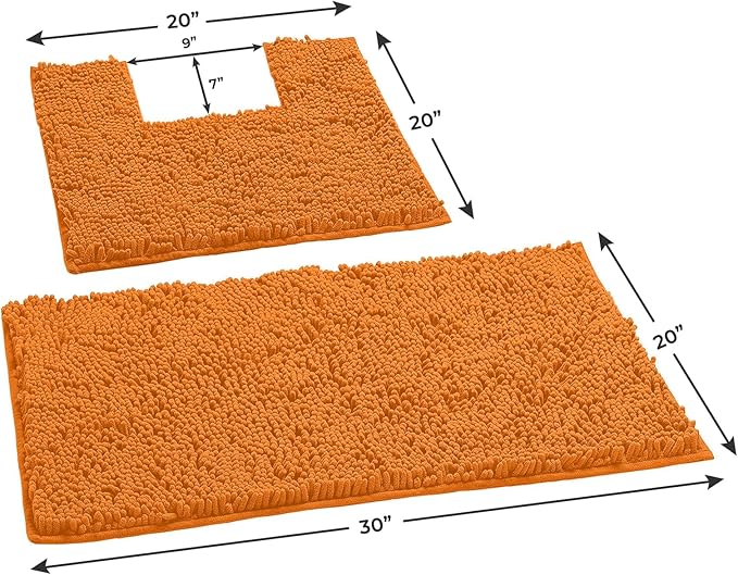 Orange Bathroom Rugs Chenille 2-Piece Bath Mat Set, Soft Plush Bath Rug +Toilet Mat.1'' Microfiber Shaggy Carpet, Super Absorbent Machine Washable - Square Curved Set (20”x 30” + 20”x20” U, Orange)