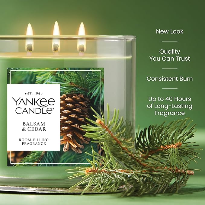 Yankee Candle 3 Wick Candle Jar, Scented Candle with up to 40 Hours of Burn Time, Soy Wax Blend for Consistent Long Lasting Scent from First to Last Burn, Balsam & Cedar