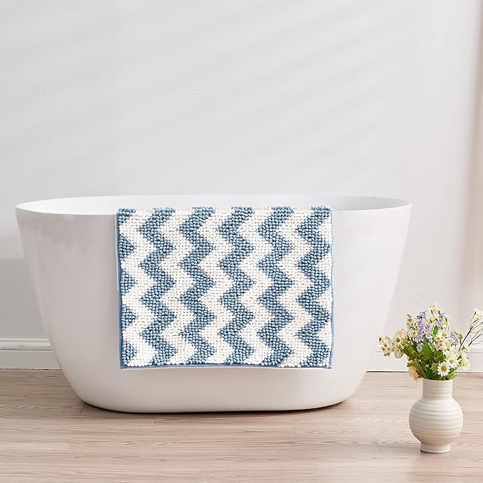 CozeCube Chenille Bathroom Rugs 36" x 24", Soft Microfiber Chevron Bath Mats for Bathroom, Non Slip Shaggy Bath Rugs Machine-Washable, Plush Absorbent Shower Mat, Blue