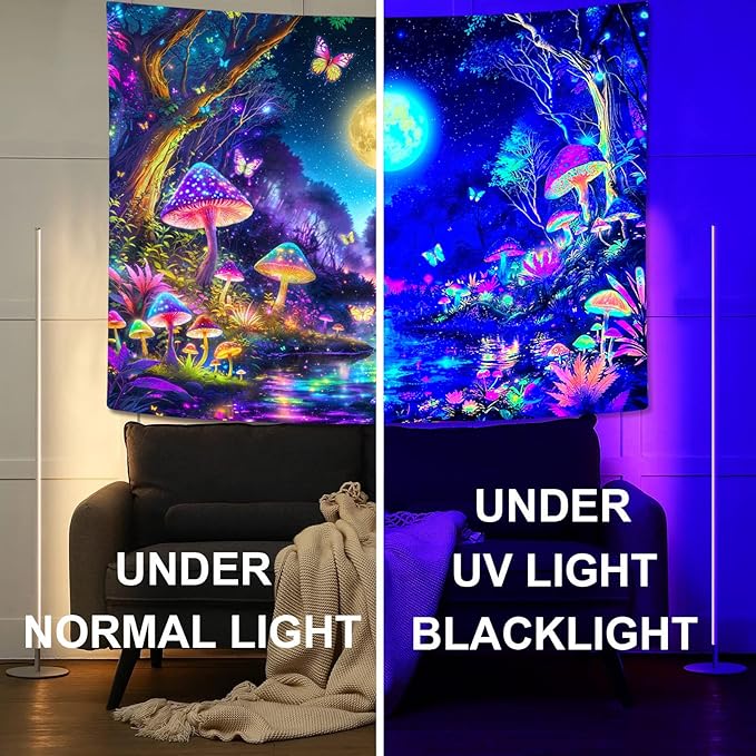 Kanuyee Blacklight Tapestry Butterfly Moon Wall Tapestry Magical Forest Tapestries for Bedroom Magical Tapestries Aesthetic Bedroom Room Decor Moon 44×60 Inches