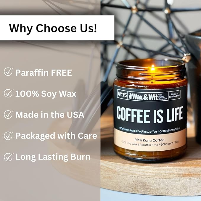 Wax & Wit Funny Soy Coffee Candle Gift for Women - Humorous, Aromatherapy Soy Wax Candle, Ideal for Housewarming, Coworker, Birthday – Rich Kona Coffee - 9oz