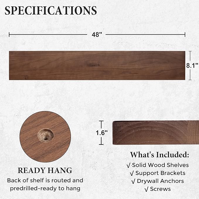 Axeman Floating Shelves, 8 Inch Deep Modern Solid Wood Wall Shelves for Storage, Wall Mounted Display Shelving with Invisible Heavy-Duty Metal Bracket, 48" W x 8" D x 1.6" H, Walnut