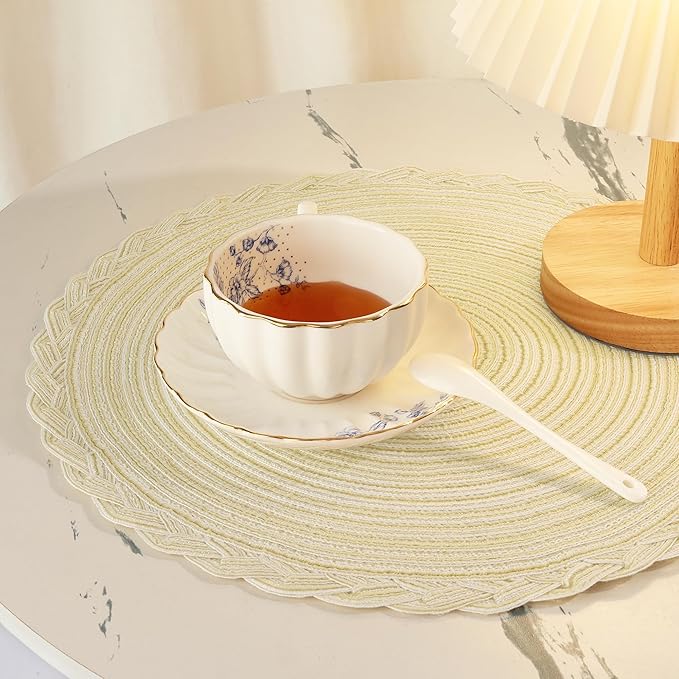 fanquare Beige Round Braided Placemats with Woven Lace Edge, 15 Inch Farmhouse Style Placemat for Table Decor, Heat Resistant Durable Table Mats