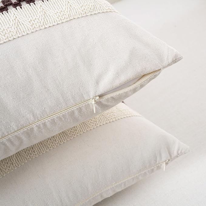 Fancy Homi Set of 2 Boho Brown Euro Decorative Throw Pillow Cover 26x26 Inch for Couch Bed Bedroom, Aesthetic Modern Organic Farmhouse Room Decor, Soft Cotton Accent Macrame Woven Cushion Case