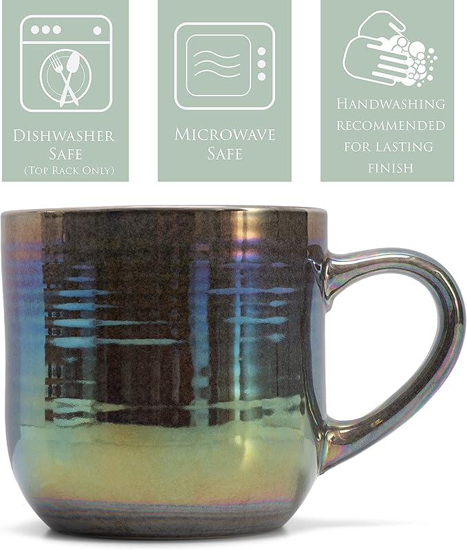 Elanze Designs Glossy Reactive Glaze Large 17 Fluid Ounce Everyday Kitchen Food Grade Ceramic Stoneware Coffee Mug Cup with Comfort Curved Handles, Set of 4, Black