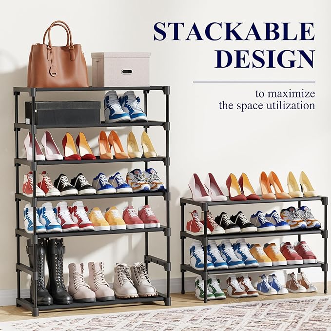 Kitsure Shoe Rack - Premium Non-Woven Shoe Rack Shelf, Shoe Organizer for Closet, Entryway, Garage & Corridor, Sturdy & Durable Long Stackable Shoe Shelves, X-Large, Black
