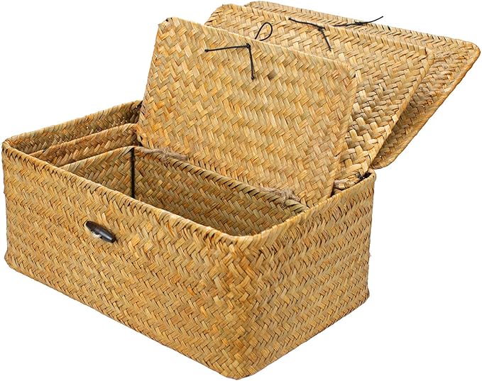 Yesland Shelf Baskets with Lid Set of 3, Handwoven Seagrass Storage Bins Box Rectangular Seagrass Basket Storage Organizer Wicker Basket for Shelf