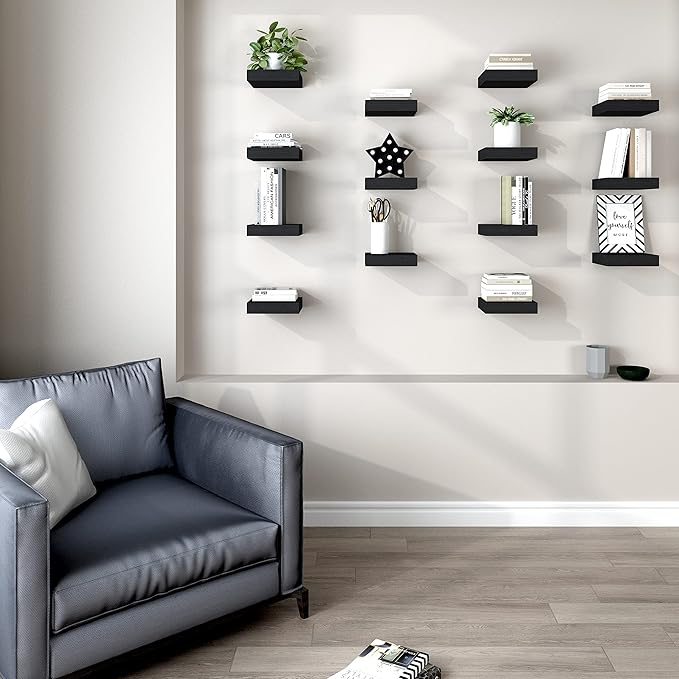 WELLAND 9 1/4 inch Black Mission Floating Shelves for Wall, Bathroom Wall Mount Shelves, Wood Modern Display Shelves, Book Shelves,for Bedroom,Living Room and Kitchen