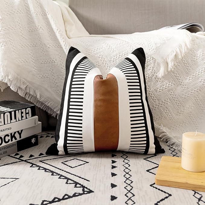 Farmhouse Decorative Throw Pillow Cover for Sofa Couch Accent Faux Leather Square Cushion Cover Tribal Stripe Boho Pillow Case 18 x 18 Inch,Black