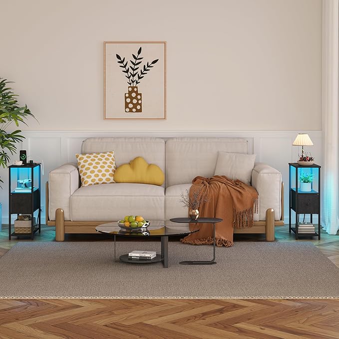 TUTOTAK Small Narrow LED End Table with Charging Station, Side Table Outlets, Nightstand with Cloth Drawer, Set of 2, Couch Table, for Living Room, Bedroom, Bedside, Black TB01BK059