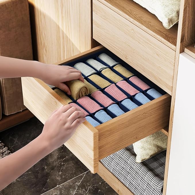 Joyoldelf Drawer Organizer - 2 Pack Underwear Holder, 24 Cells Collapsible Closet Organizer and Storage for Belts, Ties (Navy Blue)
