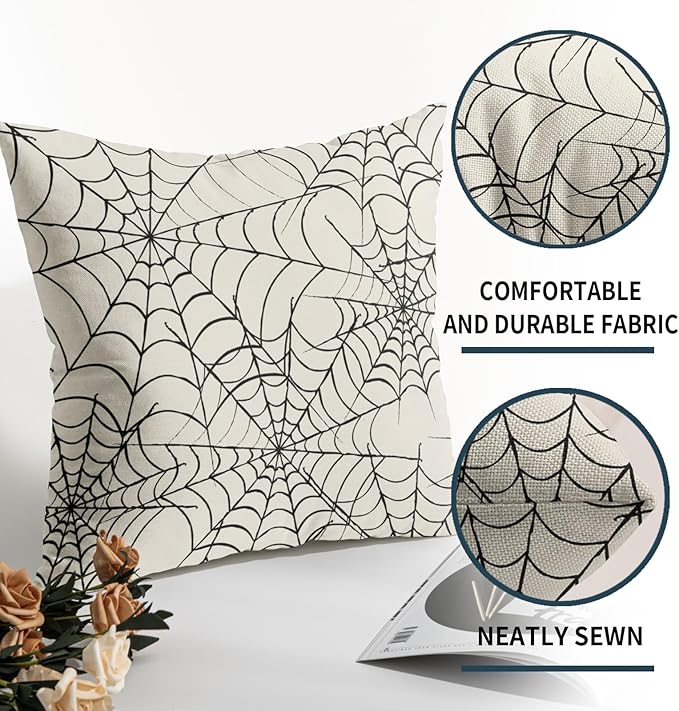 Halloween Spiderweb Pillow Covers 24x24 Set of 2 Cream Black Web Outdoor Decorative Throw Pillows Halloween Scary Themed Farmhouse Pillowcases Linen Cushion Case Decor for Home Sofa Couch Bed